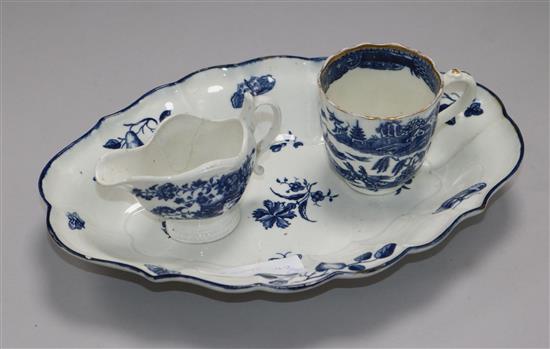 A Worcester blue and white dish, a small sauceboat and a coffee cup